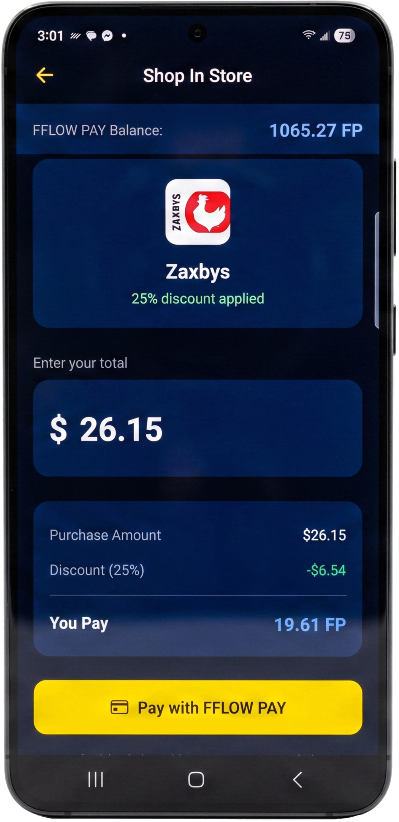 FFLOW PAY Shop In Store — Zaxbys 25% discount